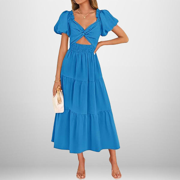 Cross-border 2025 spring trend women's new solid color fashion V-neck long puff sleeve temperament slimming dress