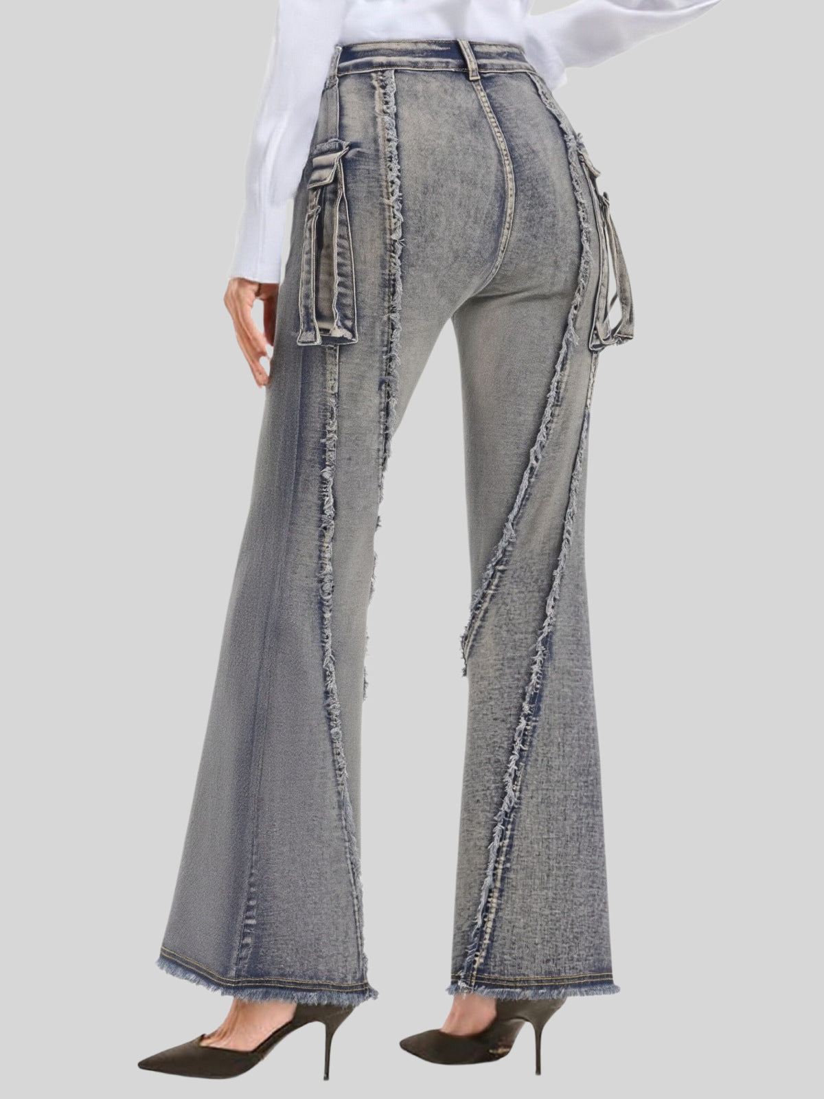 Street Trend Brand Wasteland Style Workwear Jeans, 3D Pocket Frayed Slightly Flared Wide-Leg Pants Women Jeans