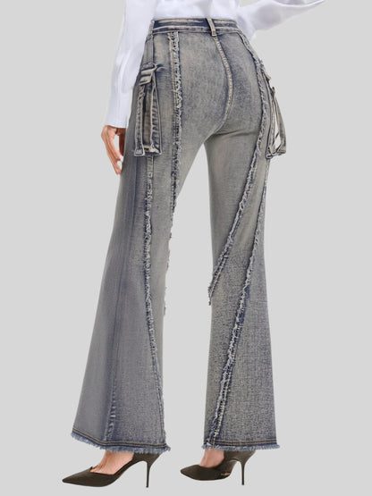 Street Trend Brand Wasteland Style Workwear Jeans, 3D Pocket Frayed Slightly Flared Wide-Leg Pants Women Jeans