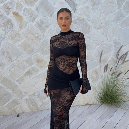 Cross-border new sexy hot girl style jacquard lace see-through dress European and American semi-high neck slim long-sleeved hip skirt