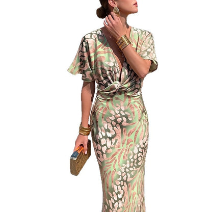 2026 Spring New Foreign Trade European and American Clothing Temperament Print Sexy V-Neck Waist Twisted Short Sleeve Dress for Women