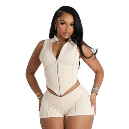 Cross-border spring and summer new European and American women's solid color lapel zipper slim crop top high waist tight shorts set