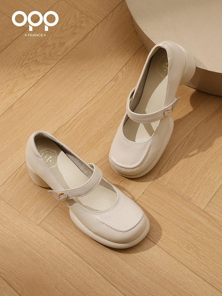 OPP Half Curved Single Shoe Women 2025 Autumn New Retro Hepburn-style Leather Shoes Sask-mouth French Mary Jane Shoes Women