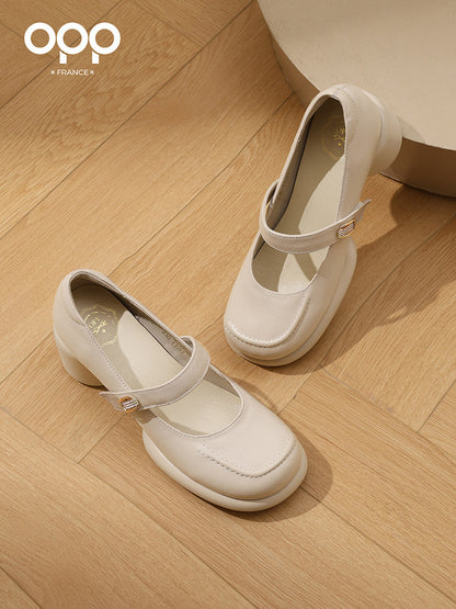 OPP Half Curved Single Shoe Women 2025 Autumn New Retro Hepburn-style Leather Shoes Sask-mouth French Mary Jane Shoes Women