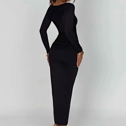 Cross-border 2026 spring new European and beautiful clothing solid color sexy pleated high-waisted slit hip-hugging dress 661