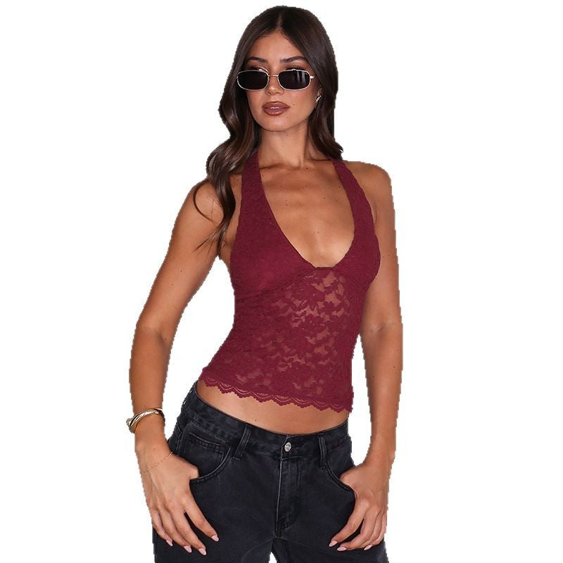 2025 Spring and Summer New European and Beautiful Clothing Sexy Lace Lace Hollow Slim Vest Female Hot Girl Halterneck Sling