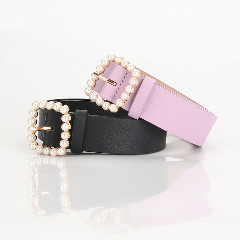 The square-shaped buckle pearl belt is fashionable and versatile, and the sweet and cute women's belt is fashionable and elegant, and the outfit is matched
