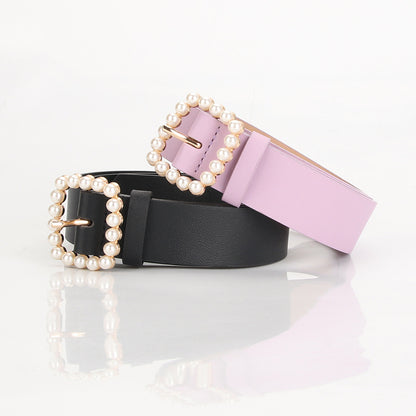 The square-shaped buckle pearl belt is fashionable and versatile, and the sweet and cute women's belt is fashionable and elegant, and the outfit is matched