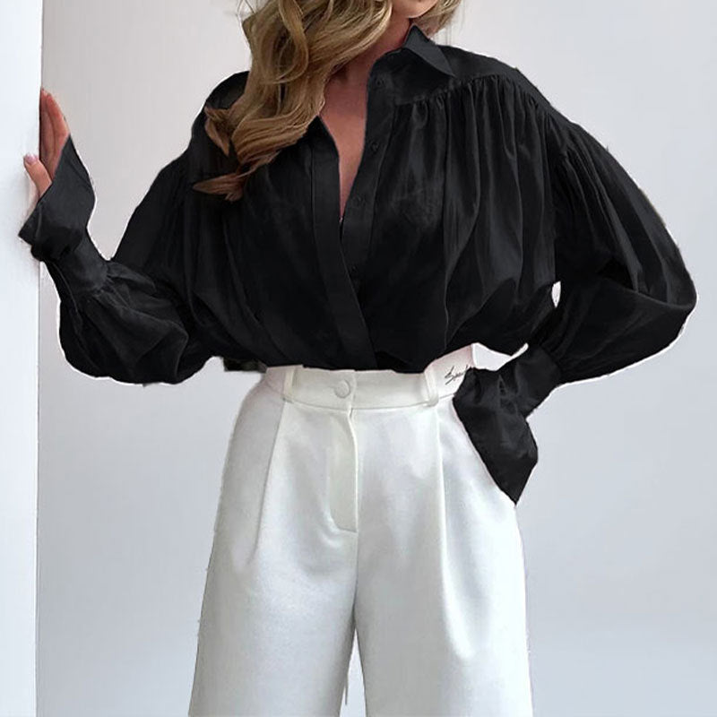 2026 Spring New Cross-border European and American Clothing Elegant Temperament Loose Lapel Lantern Sleeve Shirt Women's Top