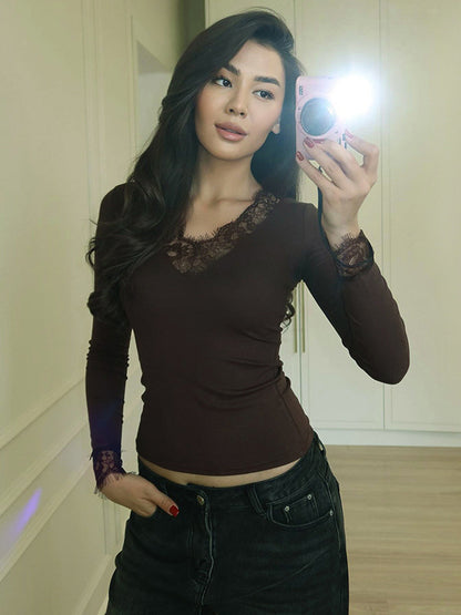 Foreign trade European and American style women's autumn and winter new sexy V-neck lace patchwork waist crop long sleeve top for women