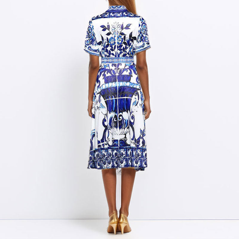 2026 Amazon European and American foreign trade women's spring new lapel long-sleeved national style print lace-up short-sleeved dress