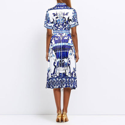 2026 Amazon European and American foreign trade women's spring new lapel long-sleeved national style print lace-up short-sleeved dress