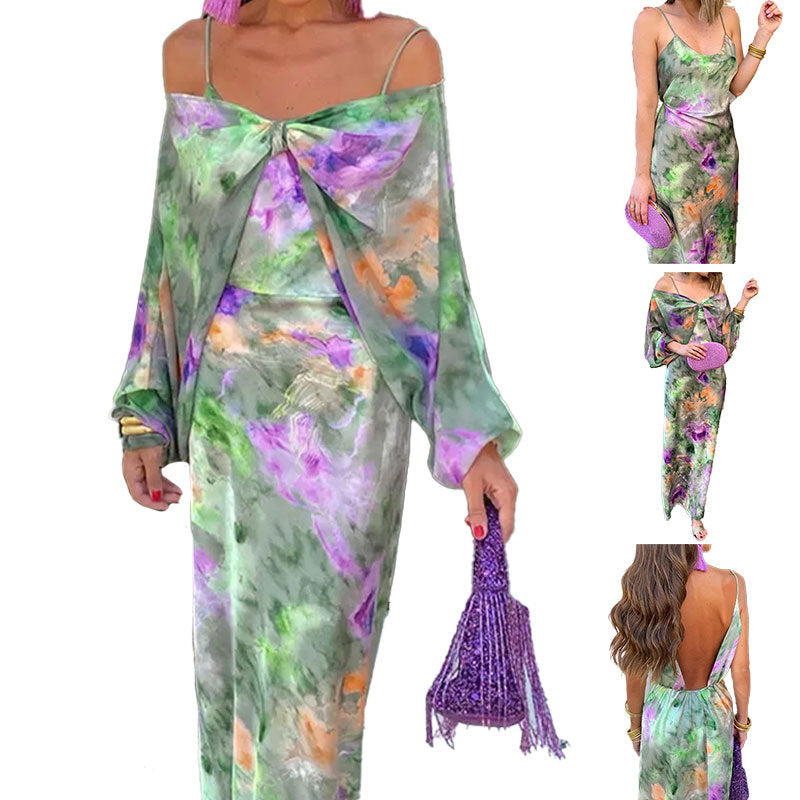 2026 spring new European and beautiful clothing temperament sexy one-shoulder tie-dye printed suspender shawl fashion suit for women