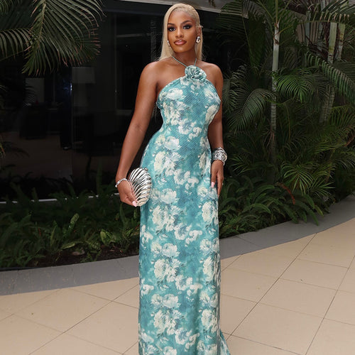 Cross-border AliExpress spring and summer new European and American fashion print sexy halterneck open back slim hip dress