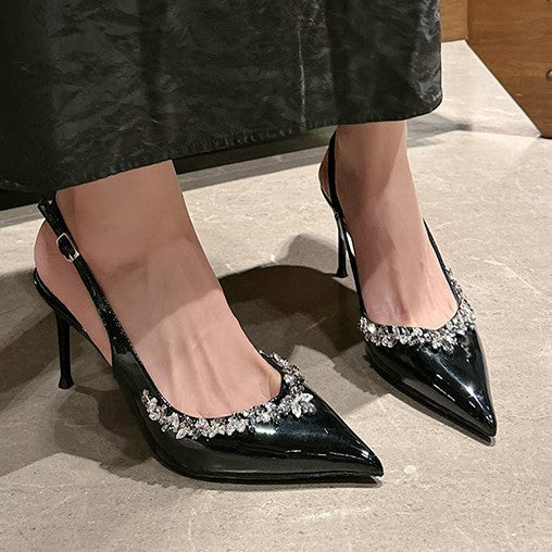 WO Huizhou City 2026 Autumn High Heel Sandals Rhinestone Toe Back Air European and American Versatile Fashionable Beautiful Black Stiletto Heel