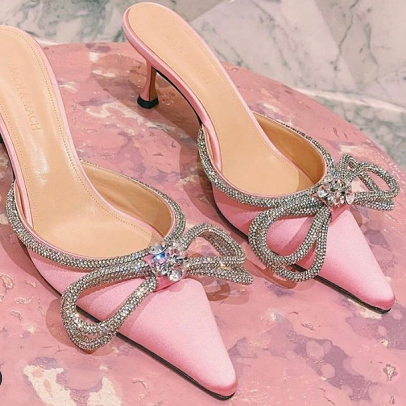 Summer toe-toed back air high heel sandals bow rhinestone high heels female European and American design niche high heel slippers