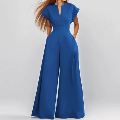 2026 spring new cross-border European and beautiful clothing temperament elegant solid color high-waisted V-neck wide-leg jumpsuit
