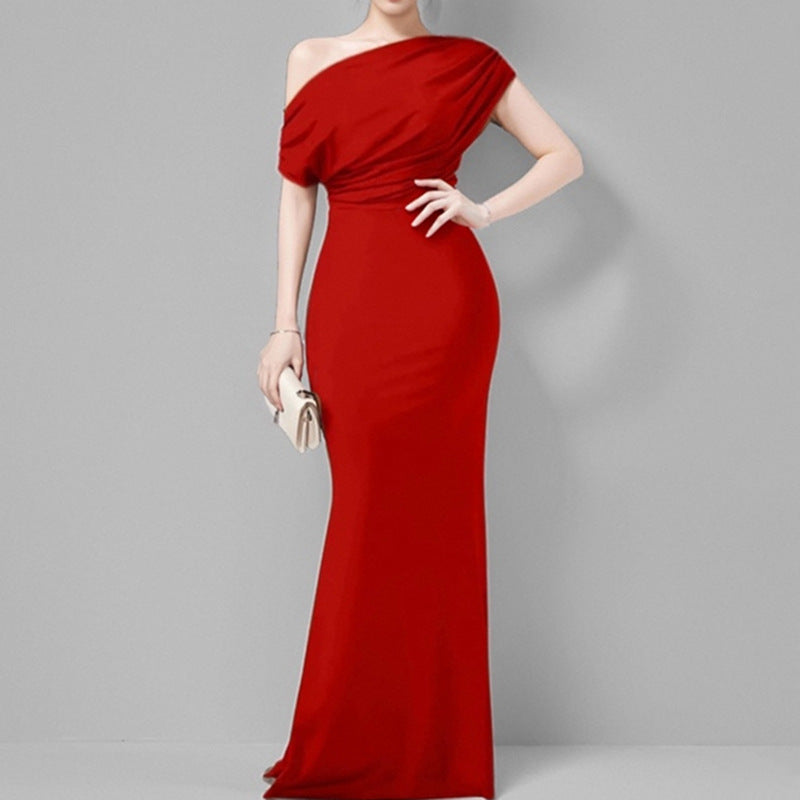 2025 Summer Amazon Cross-border European and American Fashion New Temperament Elegant and Fashionable Solid Color Hip Wrapping Slanted Shoulder Dress