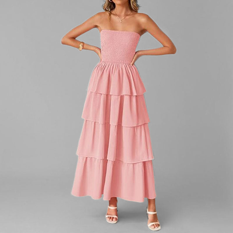 2026 spring new cross-border European and beautiful fashion commuter temperament elegant bandeau fashion solid color dress