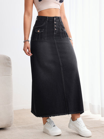 TEMU cross-border American retro washed denim skirt is worn loose and loose, with a multi-button mid-high waist to look slim