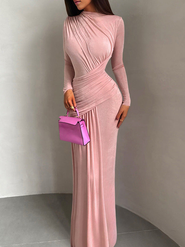 Cross-border autumn new women's celebrity style solid color crew neck asymmetrical pleated slim hip wrap dress for women