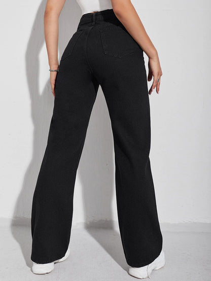 New mid-rise retro wide-leg jeans women's 2025 European and American cross-border Amazon straight-leg casual trousers JEANS