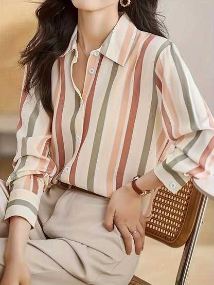 Cross-border foreign trade contrast temperament striped shirt women's 2024 spring summer new niche retro lapels are loose and slim