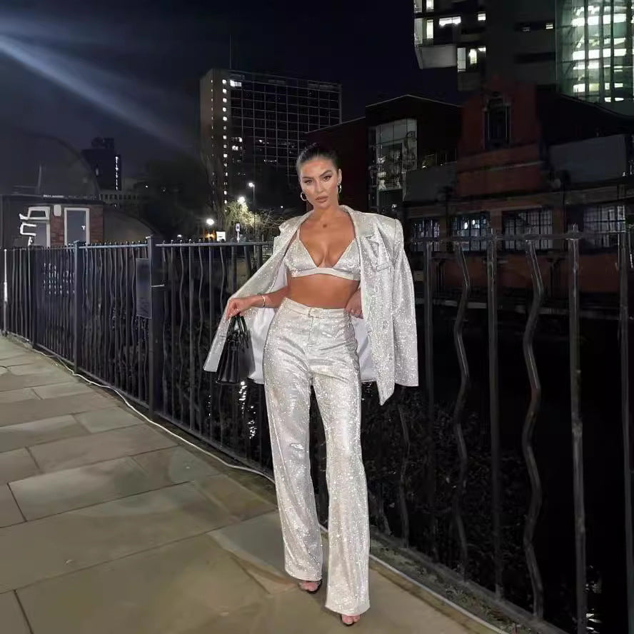 Cross-border foreign trade, spring and summer, European and American style, solid color fashion, casual three-piece set women's suit, underwear, straight-leg pants, fashionable and versatile