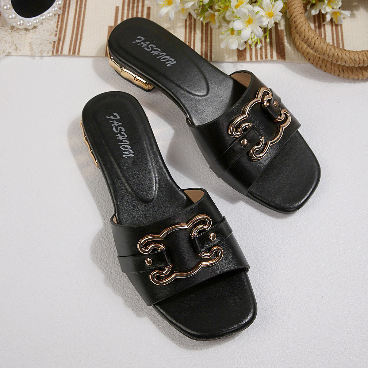 Fashionable and comfortable women's square-toe high-heeled sandals, women's slippers, elegant versatile metal decorative buckle square-toe sandals