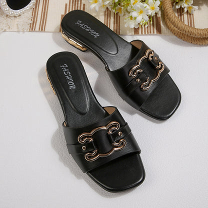 Fashionable and comfortable women's square-toe high-heeled sandals, women's slippers, elegant versatile metal decorative buckle square-toe sandals