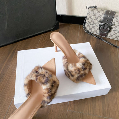 WO2026 Fall/Winter High Heels Women's Wool Slippers Comfortable Thin Heels Pointed Toe Suede Warm and Fashionable Slippers Women