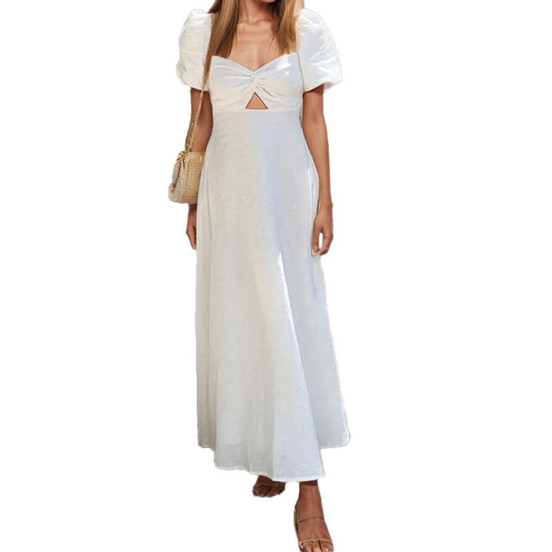 2026 spring cross-border European and beautiful clothing temperament slimming sexy hollow puff sleeves solid color large swing waist dress