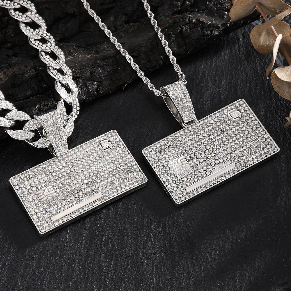 European and American hip hop full diamond domineering hang tag pendant necklace men's trend personality street wear Cuban chain necklace