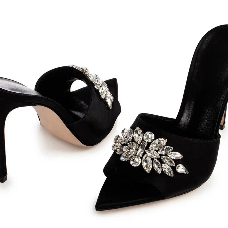 Summer European and American rhinestone high heel sandals pointed toe thin heels black high heels one foot cross-border foreign trade super high heels