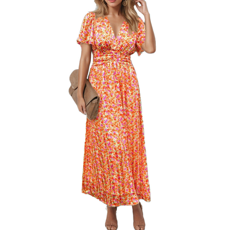 2026 spring new cross-border European beauty fashion printed temperament V-neck ruffled sleeve large swing long dress