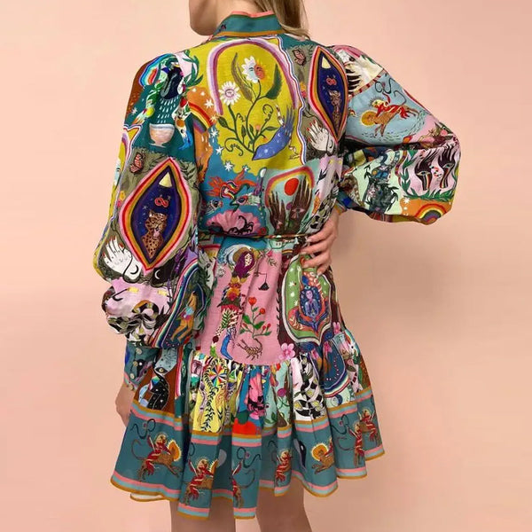 Spring 2026 New Cross-border European Women's Printed Crew Neck Cinched Waist Lace-up Pleated Ruffled Vintage Dress