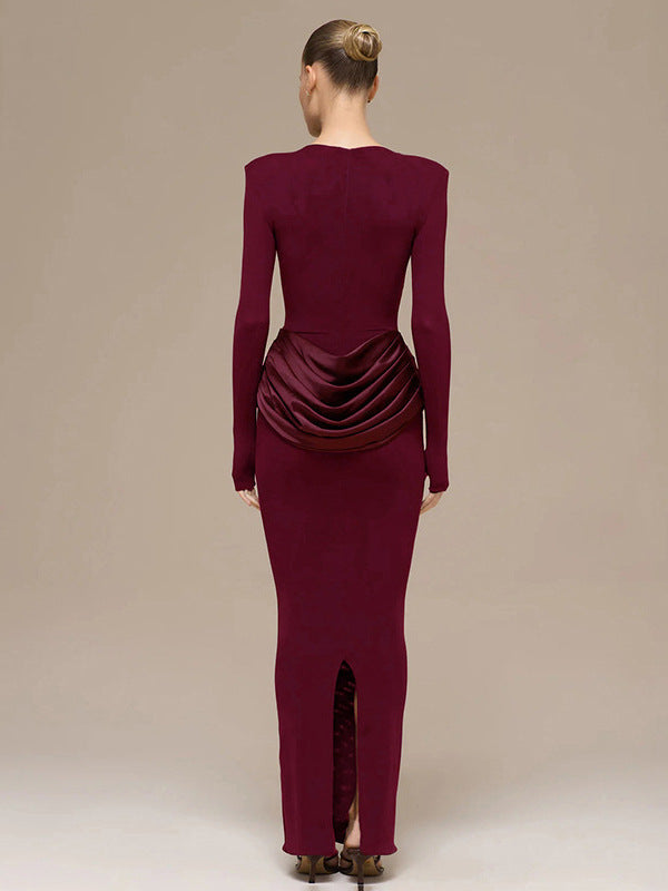 Cross-border autumn and winter new European and beautiful clothing temperament celebrity style solid color long sleeve slim pleated hip wrap dress for women