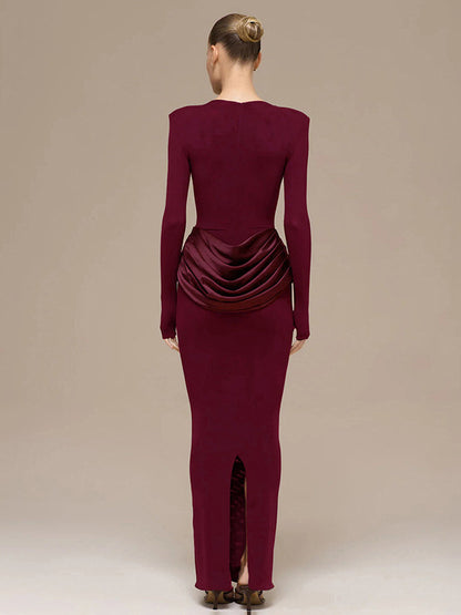 Cross-border autumn and winter new European and beautiful clothing temperament celebrity style solid color long sleeve slim pleated hip wrap dress for women