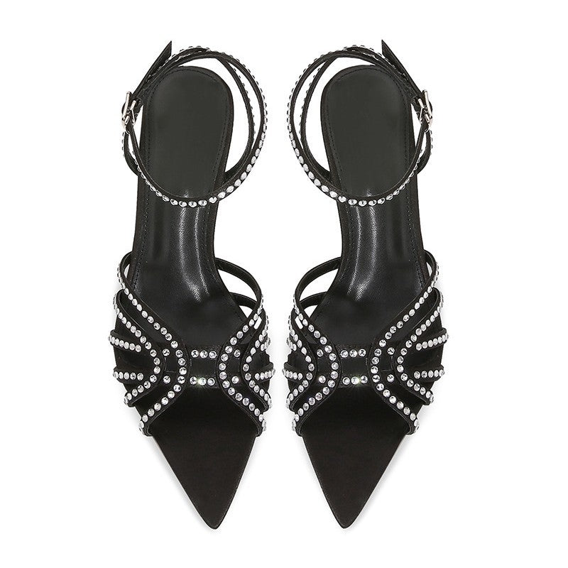 WO Huizhou Black Stiletto Heel Pointed Sandals Silk Satin Open Toe Fashion Versatile Style Women's Shoes 2026 Summer New Style