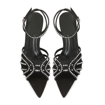WO Huizhou Black Stiletto Heel Pointed Sandals Silk Satin Open Toe Fashion Versatile Style Women's Shoes 2026 Summer New Style