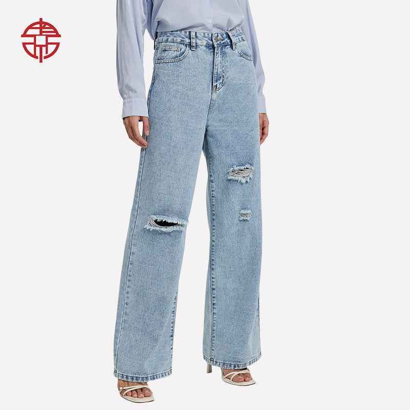 Spot cross-border European and American denim women's loose wide-leg trousers, high-waisted ripped jeans women's JEANS
