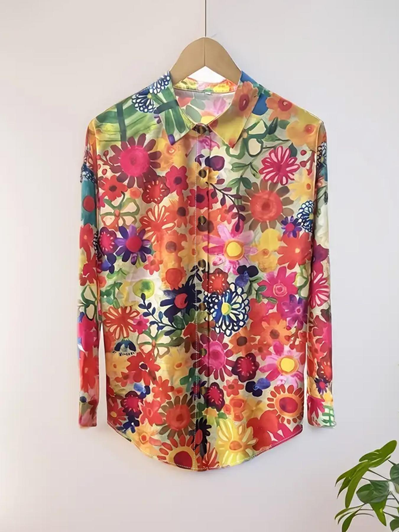 Cross-border European and American foreign trade full-print floral print long-sleeve casual vacation women's plus-size shirt for women