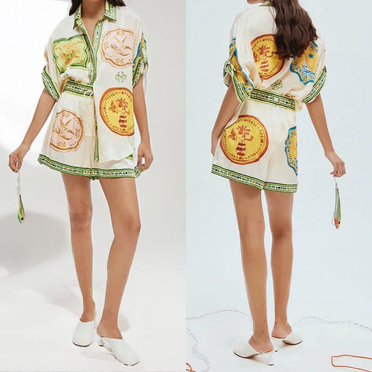 2026 European and American Clothing Independent Station New Temperament Casual Printed Shirt Short Sleeve Elastic Waist Button Shorts Suit