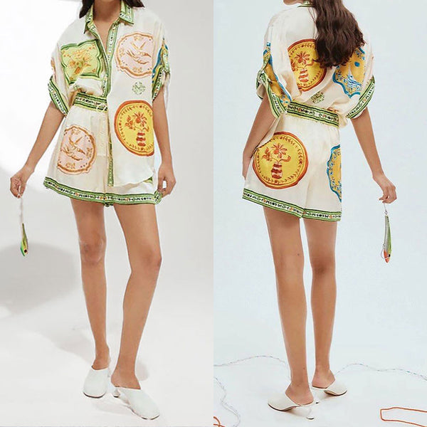 2026 European and American Clothing Independent Station New Temperament Casual Printed Shirt Short Sleeve Elastic Waist Button Shorts Suit