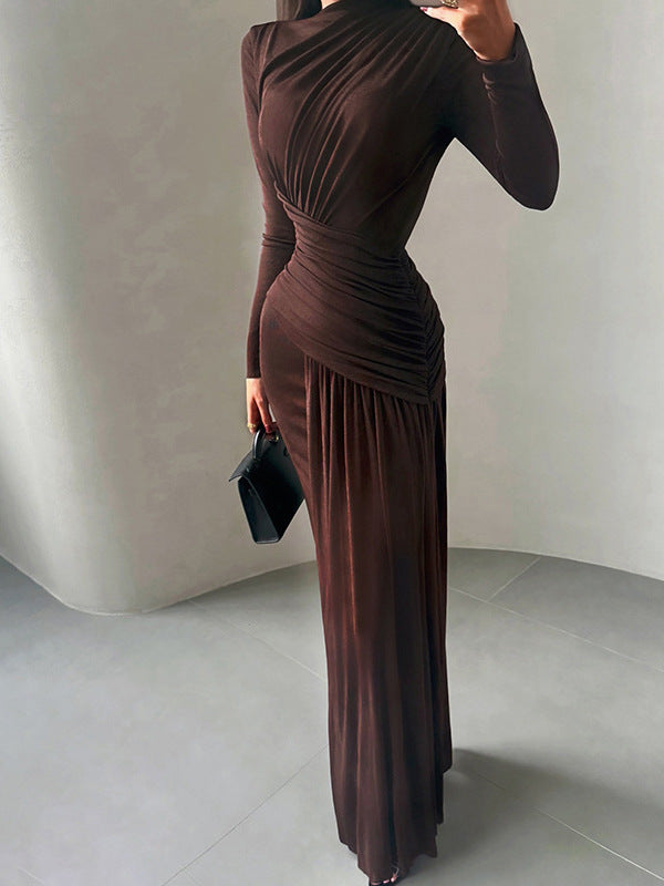 Cross-border autumn new women's celebrity style solid color crew neck asymmetrical pleated slim hip wrap dress for women