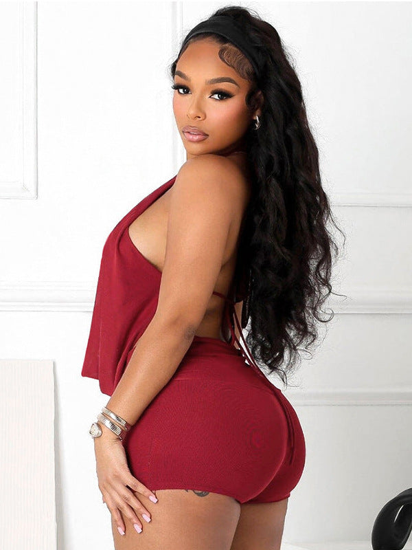 Cross-border wholesale European and American clothing hot girl style sexy swing neck halter back top high-waisted ultrashorts two-piece set