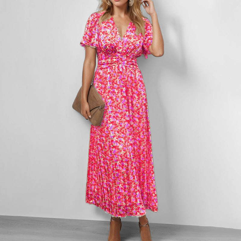 2026 spring new cross-border European beauty fashion printed temperament V-neck ruffled sleeve large swing long dress