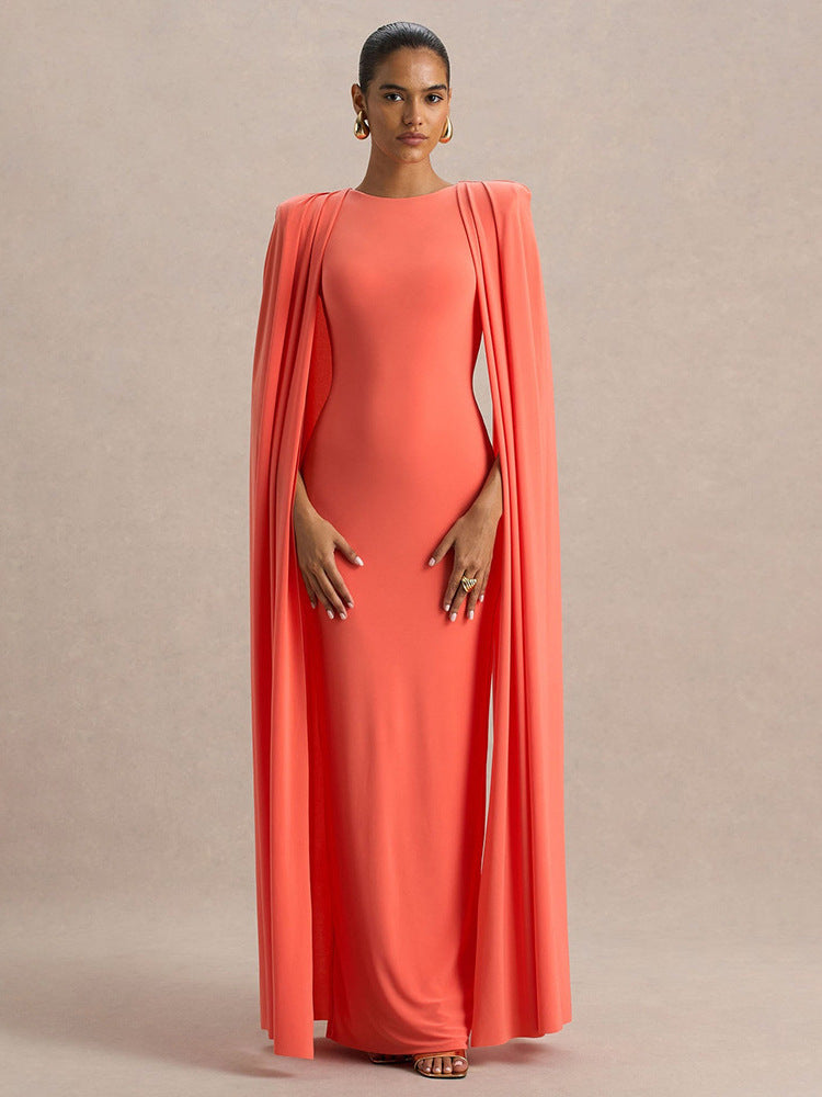 Vestido de festa para mulher estilo celebridade, novo modelo para o outono e inverno, cor sólida, gola redonda, plissado, com detalhe xaile.