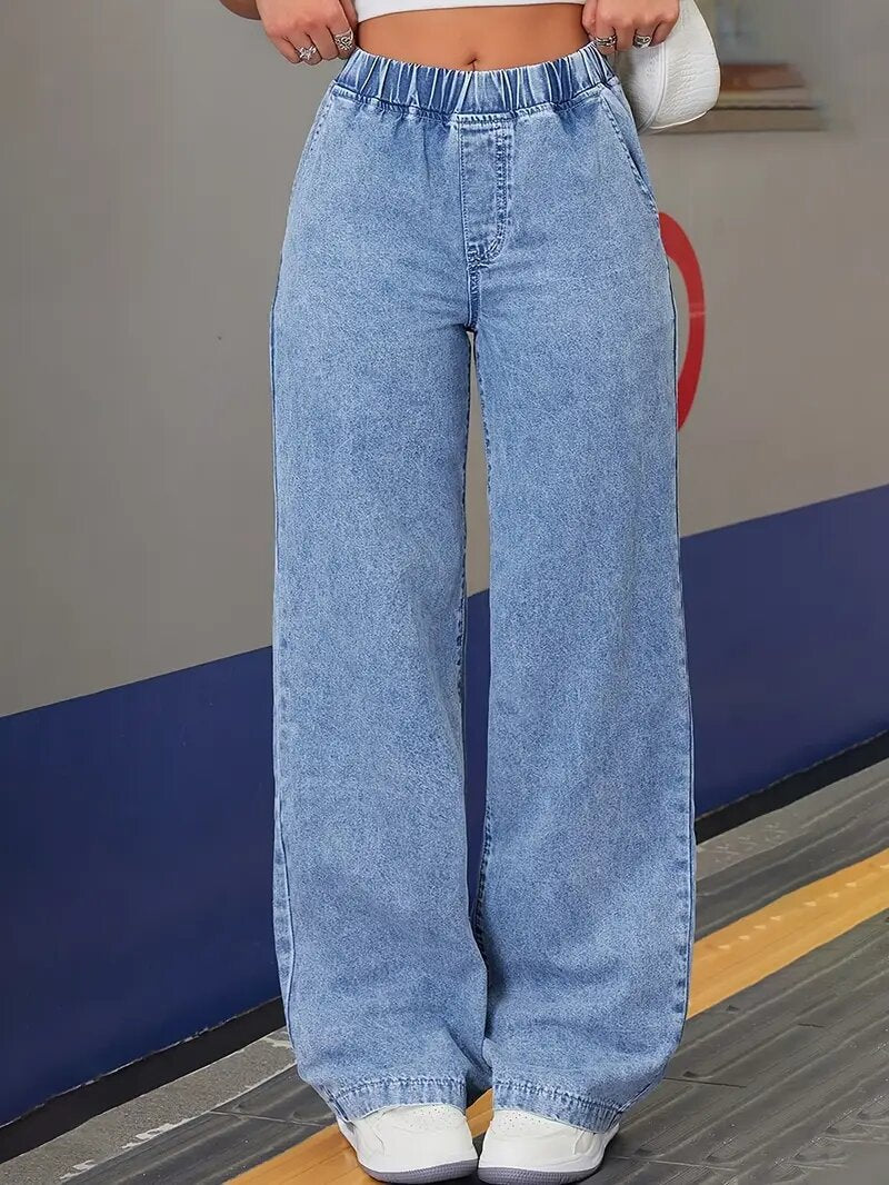 European and American trendy loose casual jeans, wide-leg high-waist elastic denim pants for women