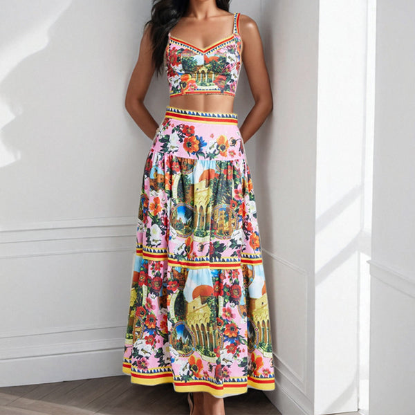 Cross-border spring 2025 new European and American clothing sexy patchwork bandeau camisole skirt fashion set two-piece set